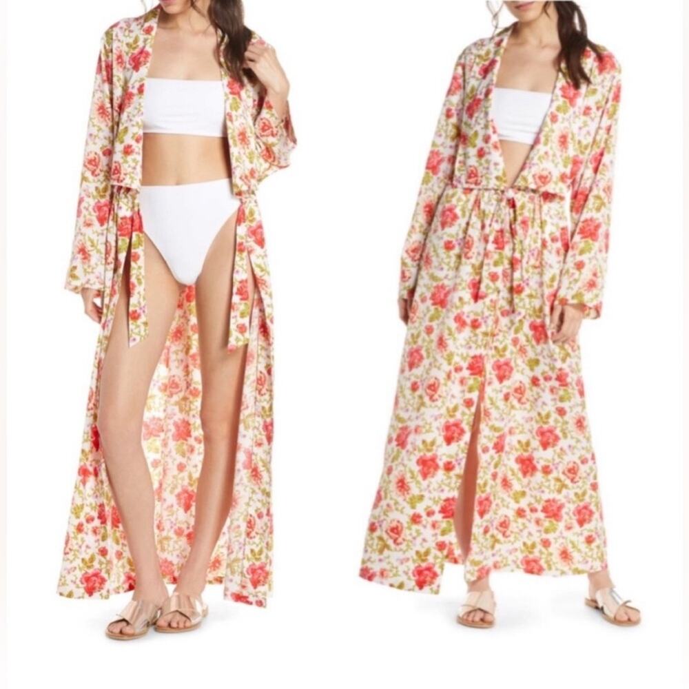 Something Navy Gina Floral Maxi Coverup Women M Red NWT Tie Front Poppy